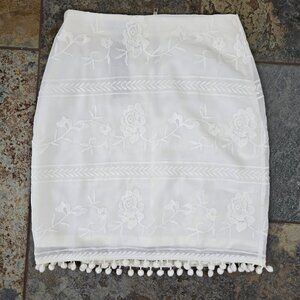Eilly Bazar Size XS White Miniskirt Floral Embroidered Sheer Overlay Pompoms NWT